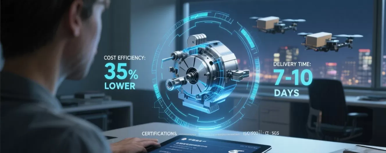 A futuristic scene shows tech like a holographic machine part and delivery drones, with info on cost and delivery time